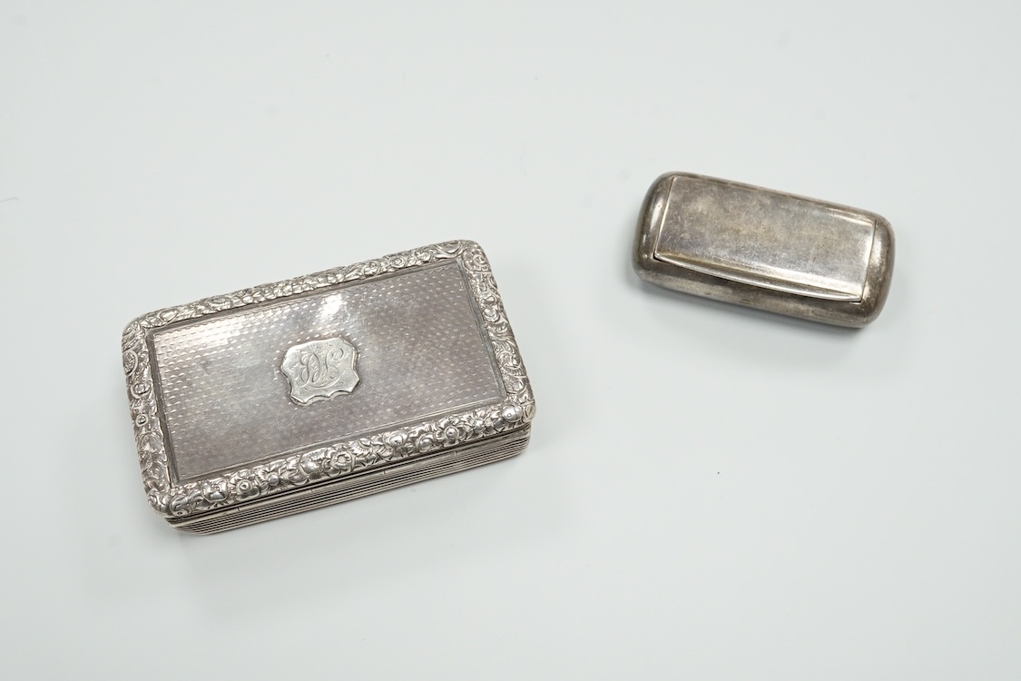 A late Victorian repousse silver navette shaped dish, by Charles Edwards, London, 1894, 25.7cm, with engraved monogram and date, together with a pair of mid 18th century silver sugar nips, an early 19th century silver vi